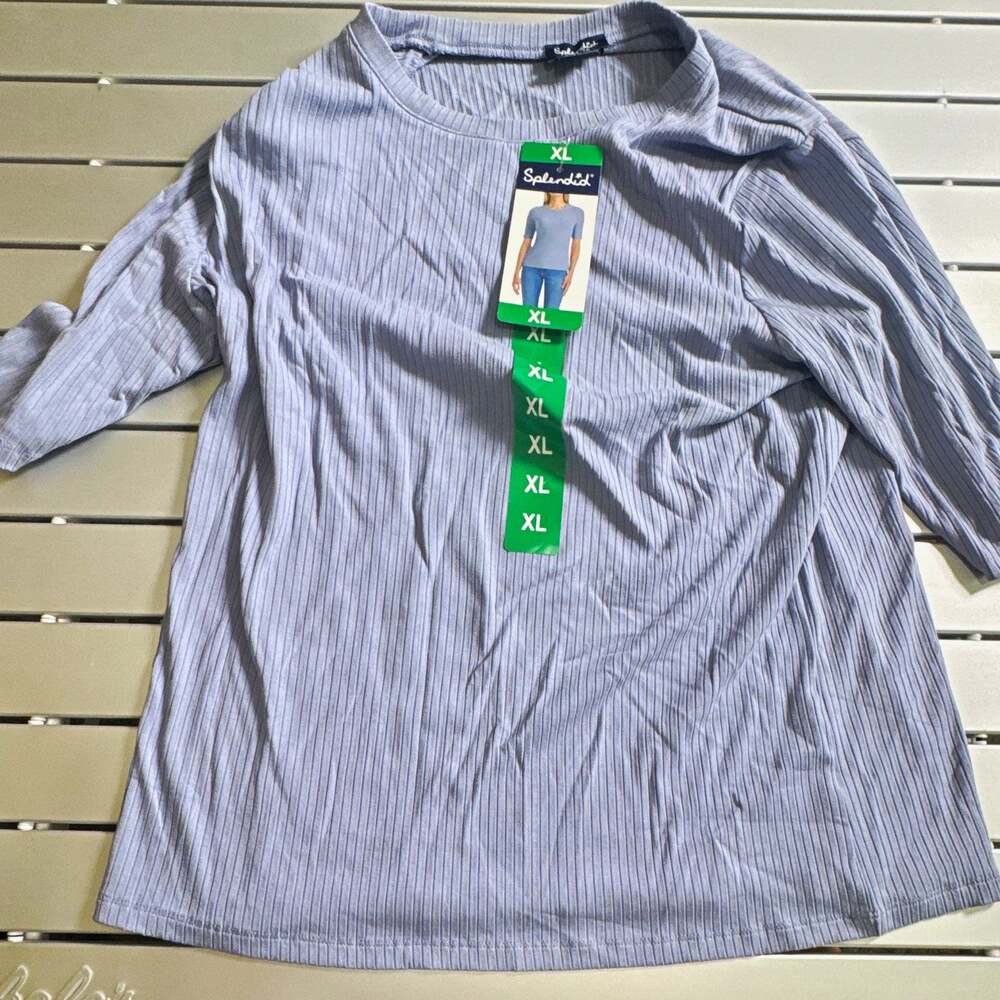 Splendid Women’s XL Blue Solid Ribbed Knit Crew Neck 3/4 Sleeve Stretch Top